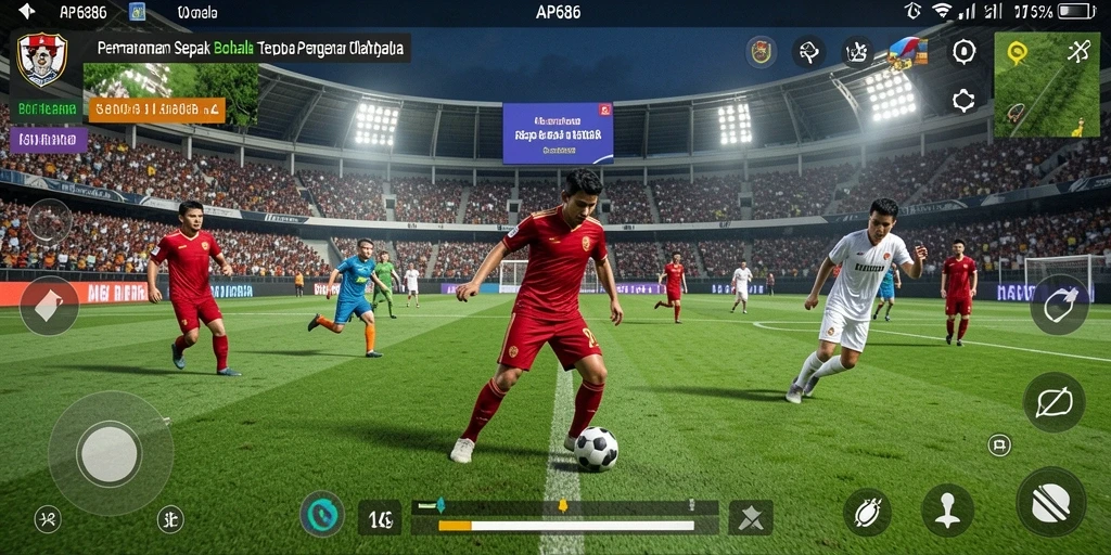 Screenshot gameplay AP686 menampilkan aksi seru sepak bola.