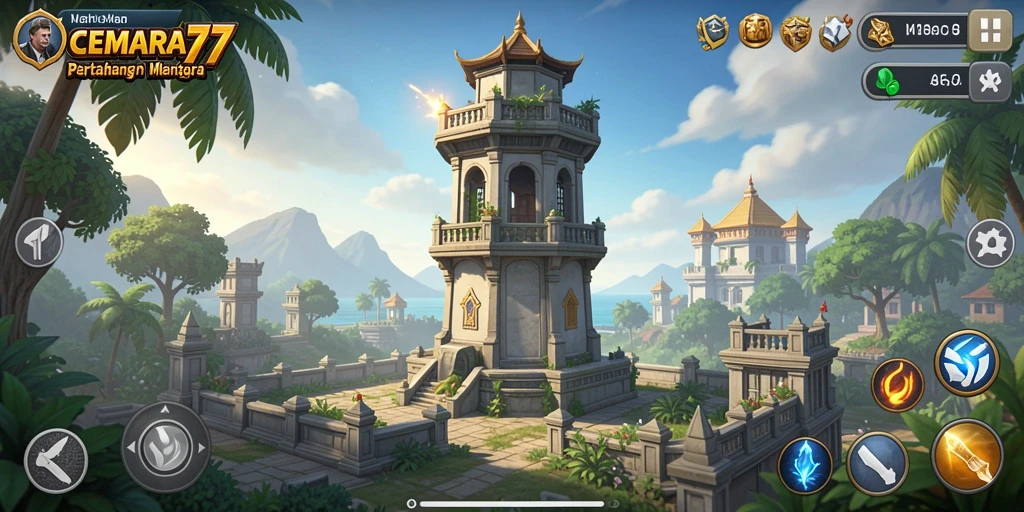 Screenshot gameplay CEMARA77 menampilkan pertarungan seru di tower defense.