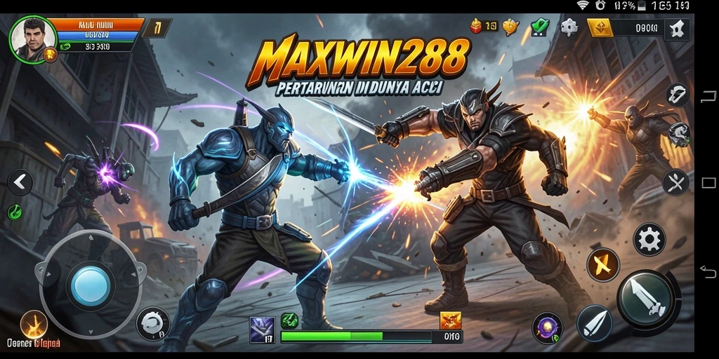 Tampilan aksi intens dari permainan MAXWIN288 dengan karakter bertarung.