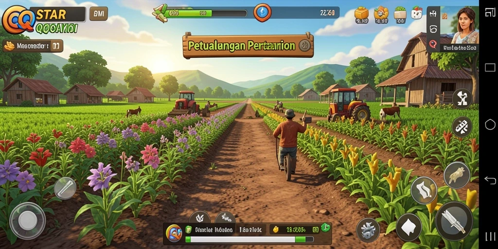 Tangkapan layar gameplay QQSTAR menampilkan aktivitas pertanian seru.