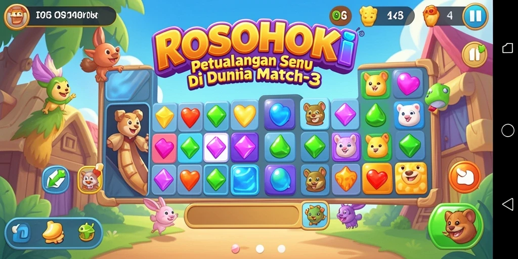 Tampilan menyenangkan dari gameplay Match-3 ROSOHOKI yang penuh warna.